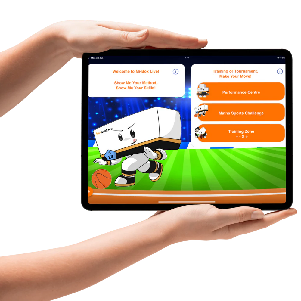 Person holding a tablet displaying an Mi-box Live app with a character playing basketball.